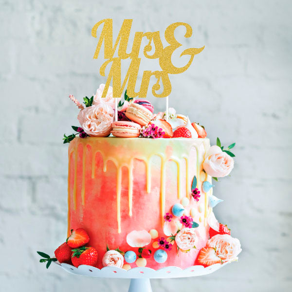 Mrs & Mrs Glitter Cake Topper - Gold