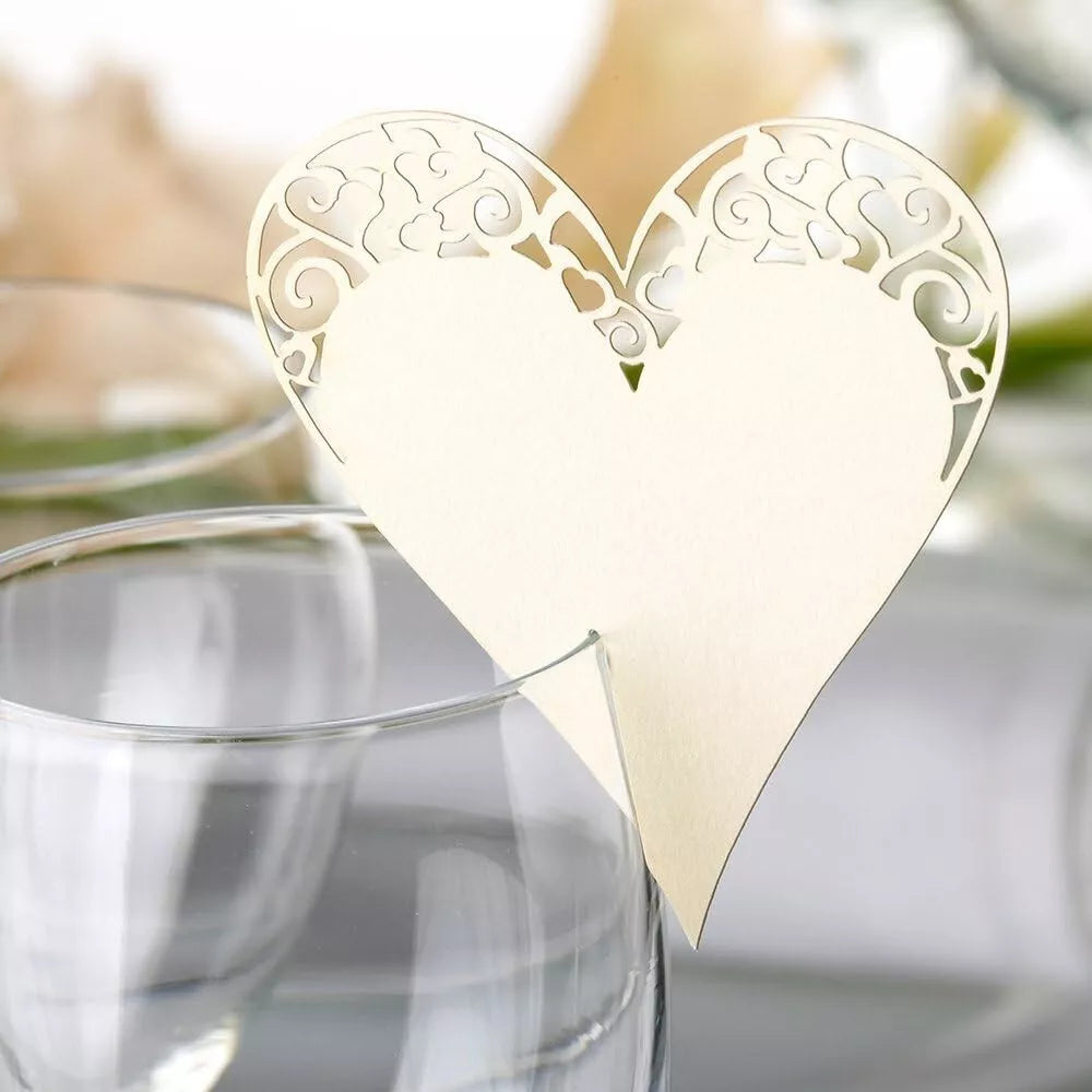 Ivory Heart Laser Cut Place Card on Glass x 10